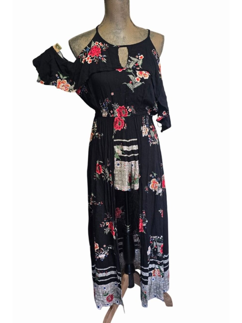 Angie Floral Off-Shoulder Romper Dress Black Red Womens Small Shorts Underneath